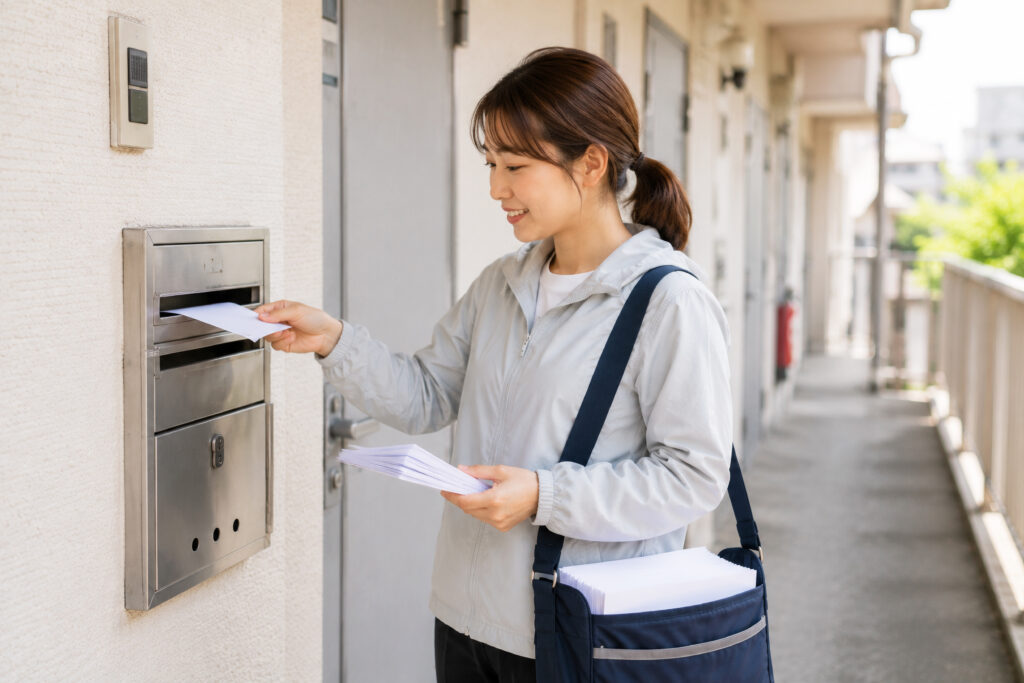 住宅街のポストに不動産会社のチラシが投函されている様子。